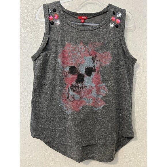 BONGO Tops - Bongo Women's Gray Sleeveless Tank w/ Floral Skull Jewels 1X High Low Pink Black